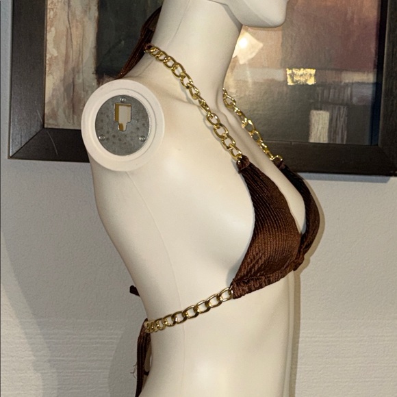 Brown Velvet Bikini Top with Gold Chain Straps - Picture 3 of 5